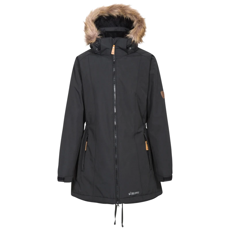 Trespass Womens Parka Jacket Celebrity - Waterproof, Longer Length, Fleece Lined, Lightly Padded, 2 Zip Pockets, Stud-Off Hood Fur Trim, Elasticated Sides, 2 Way Zip