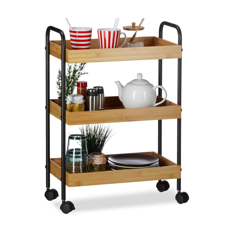 Relaxdays Bamboo Serving Trolley, 3 Tiers, Look, 360° Casters, Steel, HxWxD: 70x50x28 cm, Natural/Black
