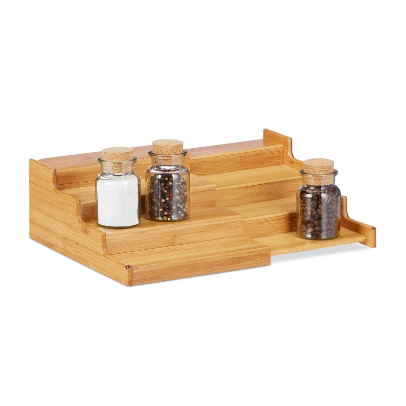 Relaxdays Bamboo Spice Rack, 4-Tier, Extendable, Natural Look, Moisture-Resistant, HWD: 11x38.5x28, Natural