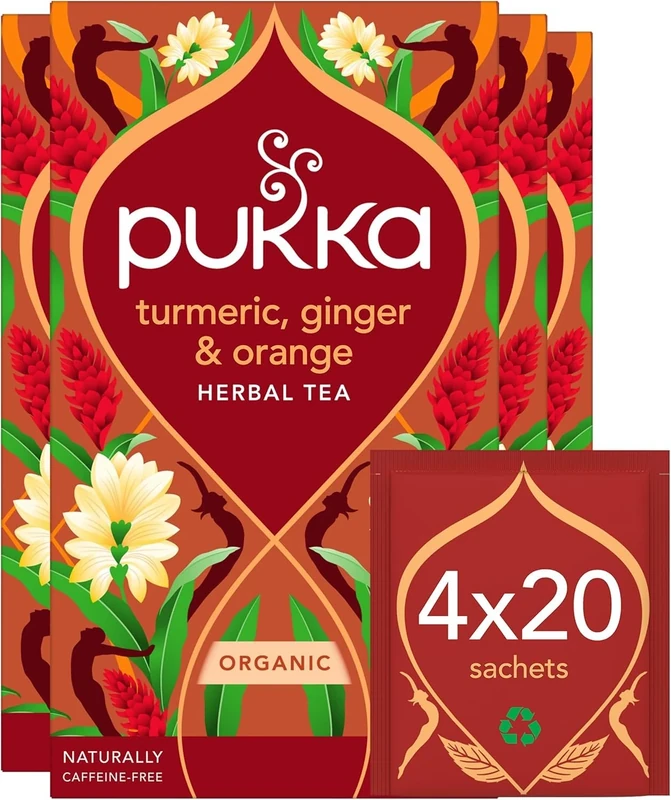 Pukka Herbs | Turmeric Active Organic Box |Tea With Ginger, Turmeric, Nettle & Orange | Ideal For Boosting Energy | 4 Packs | 80 Plant Based Biodegradable Tea Bags