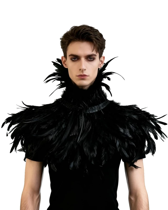 L'VOW Gothic Black Feather Shrug Cape Shawl Stole Halloween Costume for Men (Style -02) - Image 1