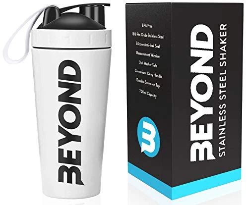 Beyond Fitness Premium Insulated Stainless Steel Protein Mixer Shaker Supplement Bottle - Metal and BPA Free White