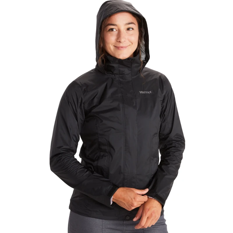 Marmot Women's PreCip Eco Jacket, Waterproof Jacket, Lightweight Hooded Rain Jacket, Windproof Raincoat, Breathable Windbreaker, Ideal for Running and Hiking, Black, XS