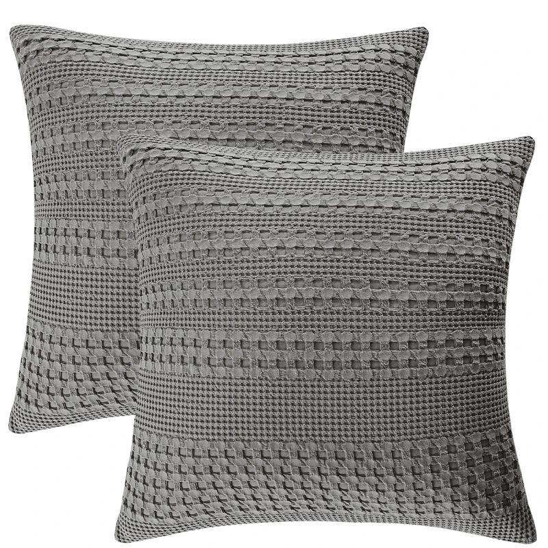 PHF 100% Cotton Waffle Weave Euro Sham, 26" x 26"(66cm), Set of 2, Home Decorative Euro Throw Pillow Covers for Couch Sofa Bed, No Filling, Dark Grey - Image 1