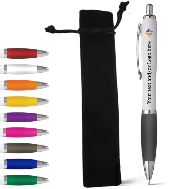 stika.co Black Personalised Pen with Velvet Pouch - Personalised Rubber Ballpoint Pens for School, Work, and Events - UV printed vibrant colors, with large branding space