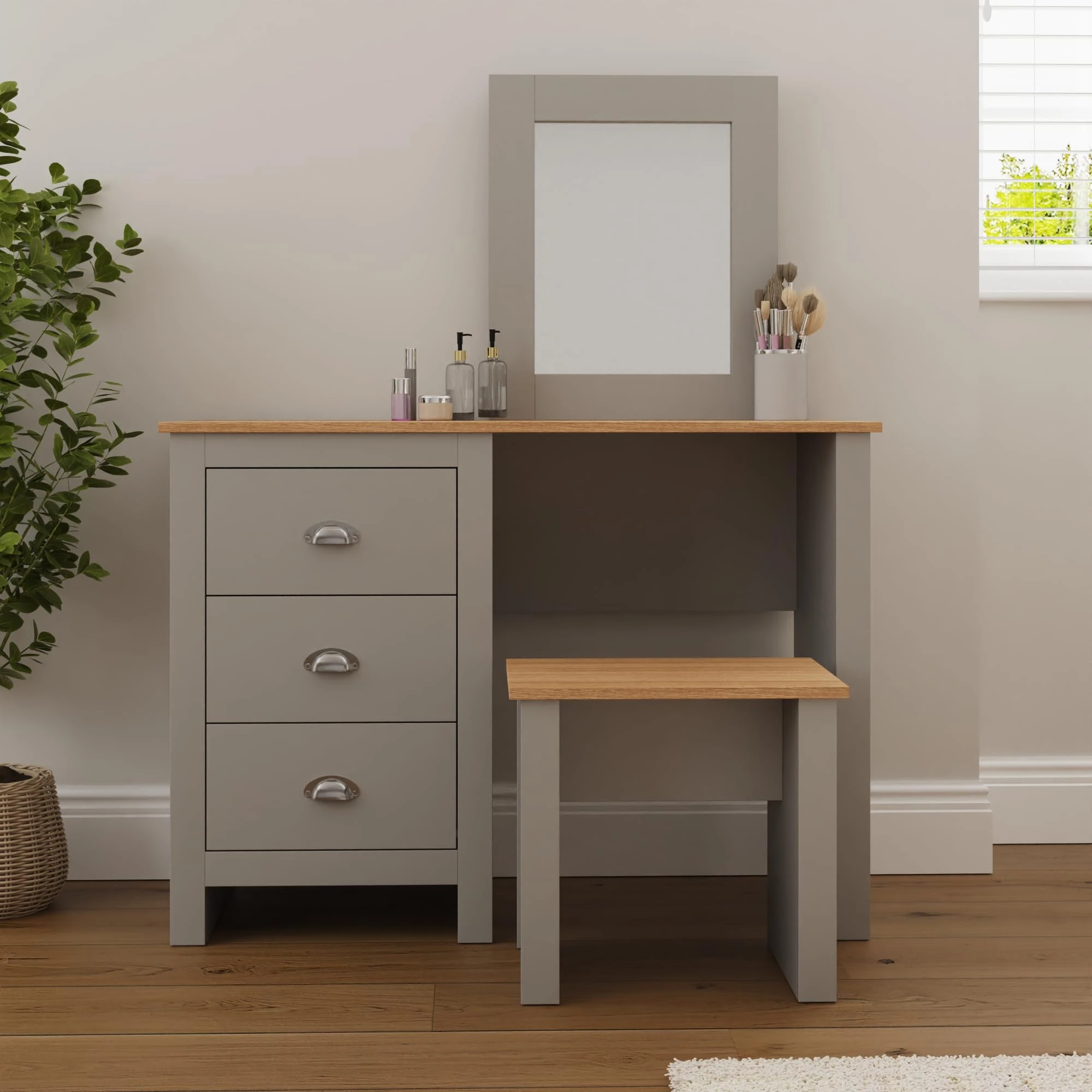 GFW Lancaster Dressing Table Set With 3 Drawers. Make Up & Hair Vanity Table With Drawers, Large Mirror & Oak Wooden Stool And Top, Modern Makeup Desk For Bedroom, Grey, H-131cm x W-104cm x D-44cm