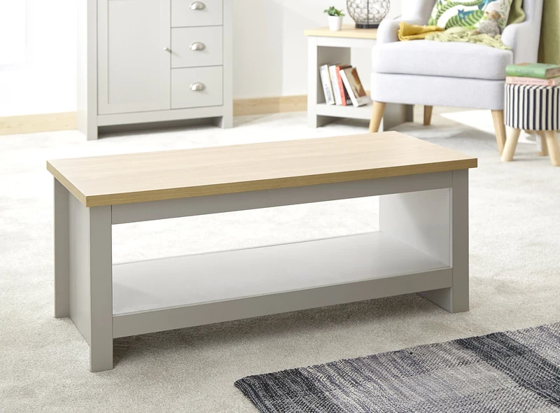 GFW Lancaster Wooden Coffee Table With Shelf Storage, Wood, Grey, 105 x 41.5 x 47 cm