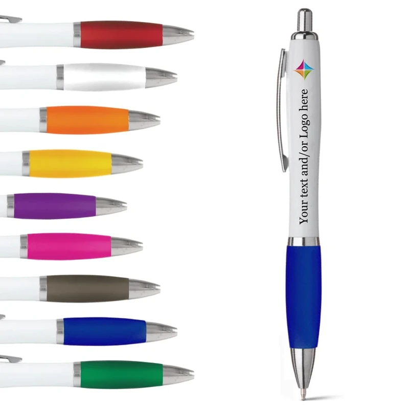 stika.co Set of 120 Blue Promotional Pens - Personalised Rubber Ballpoint Pens for School, Work, and Events - UV printed vibrant colors, with large branding space