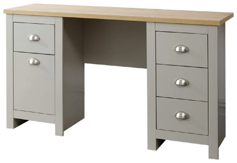 GFW Lancaster Grey and Oak Study Desk, Home Office Desk with 1 Door Cupboard and 4 Drawers, Country Style Computer Workstation