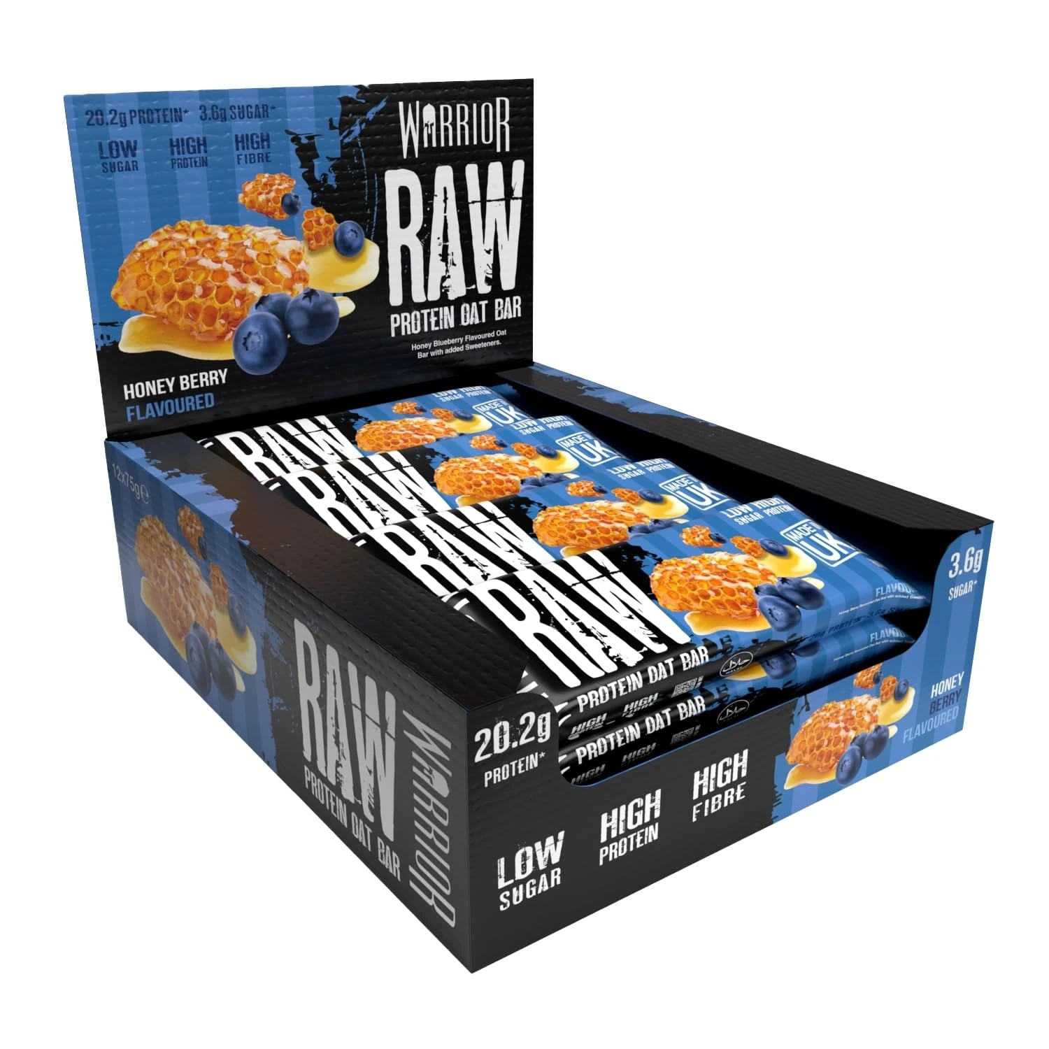 Warrior Raw Protein Bars – 12 x 75g High Protein Snack – High Fibre, Low Sugar – Ideal Meal Replacement or Healthy Nutrition Energy Snacks - Oat Bar Flapjacks – UK Made (Honey Berry)