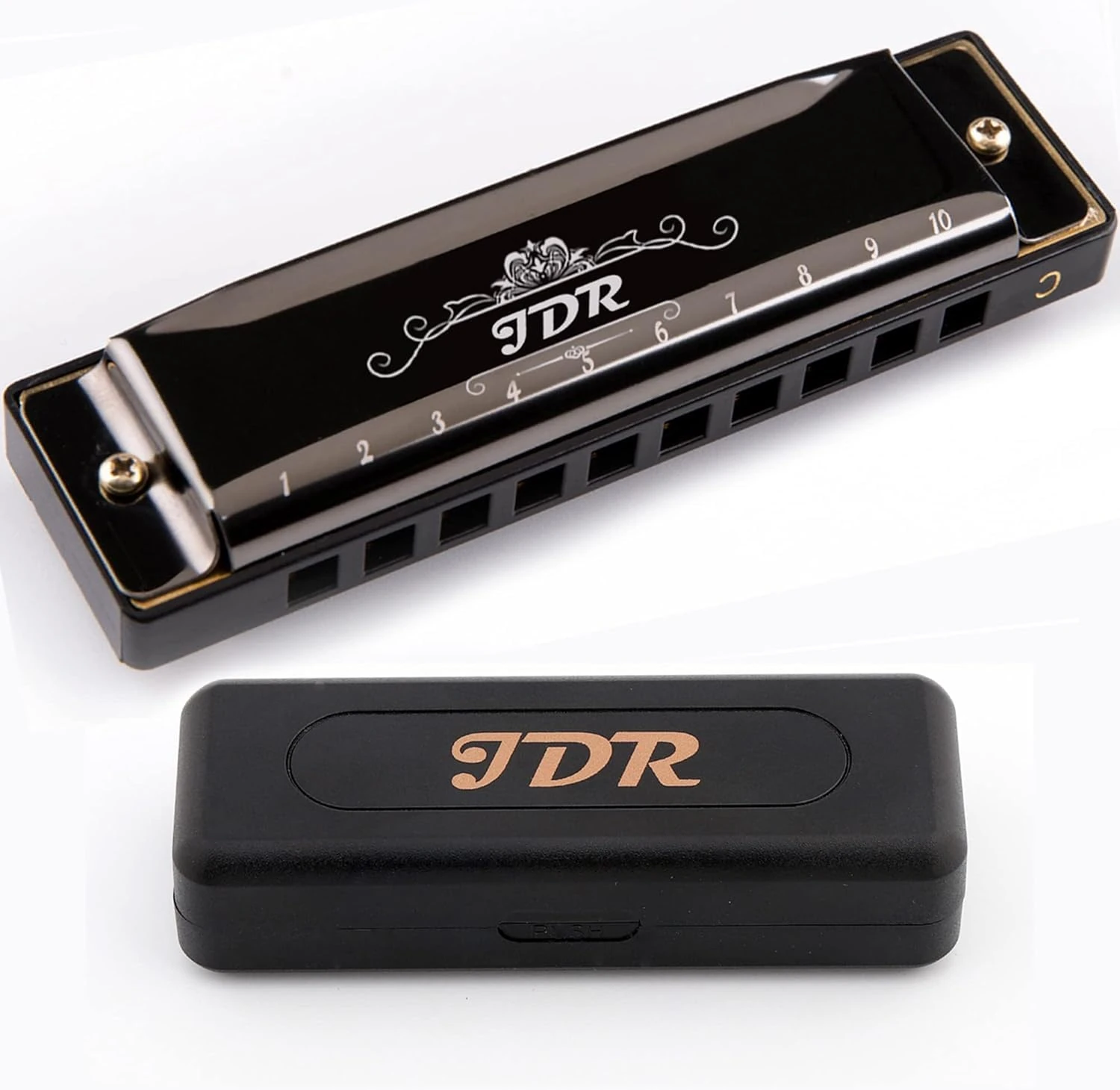 JDR Harmonica Blues C Key 10 Hole 20 Tone Mouth Organ with Case Diatonic Armonica for Professional Player Beginner Students Adults Friends Teacher Parents Stainless Steel Black
