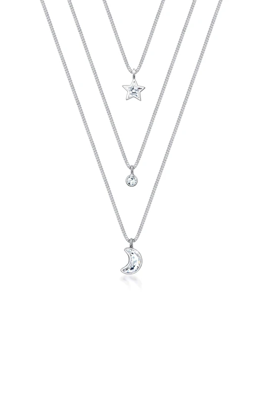 Elli Necklace Woman Layer Star Moon Astro Crystals 925 Sterling Silver