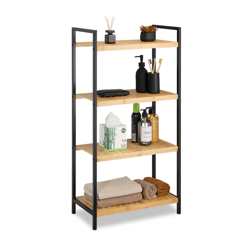 Relaxdays Universal Bamboo Storage Shelf, Bathroom and Kitchen Rack, 4-Tiers, Metal Frame, HxWxD: 97 x 50.5 x 27 cm, Natural - Image 1