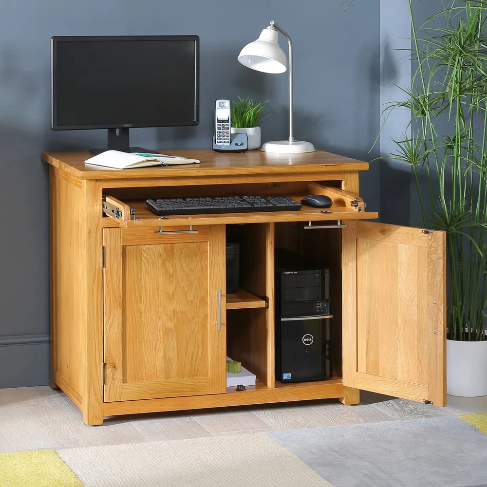 The Furniture Market London Oak Hideaway Desk, Modern Home Office Desk with Keyboard Slide & Printer Shelf, Solid Oak Construction, No Assembly, Natural Oak Finish - H 780mm x W 900mm x D 550mm
