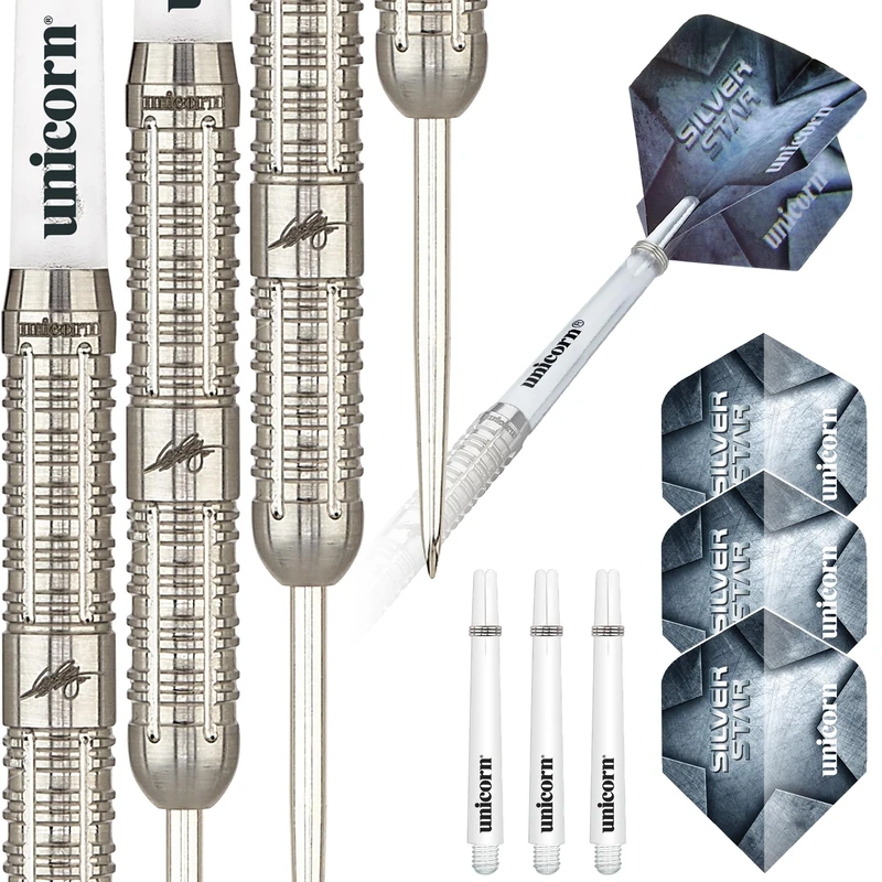 Unicorn Steel Tip Professional Darts Set | Seigo 'The Ninja' Asada Silver Star | 80% Natural Tungsten Barrels | 24 g