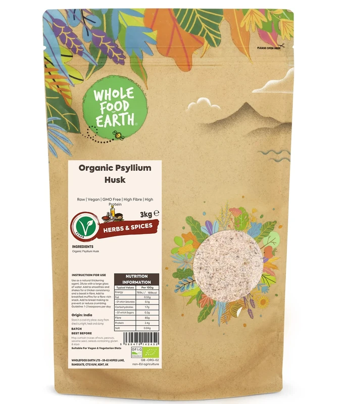 Wholefood Earth Organic Psyllium Husk 3kg Raw | Vegan | GMO Free | High Fibre | High Protein | Certified Organic