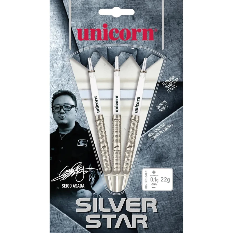 Unicorn Steel Tip Professional Darts Set | Seigo 'The Ninja' Asada Silver Star | 80% Natural Tungsten Barrels | 22 g