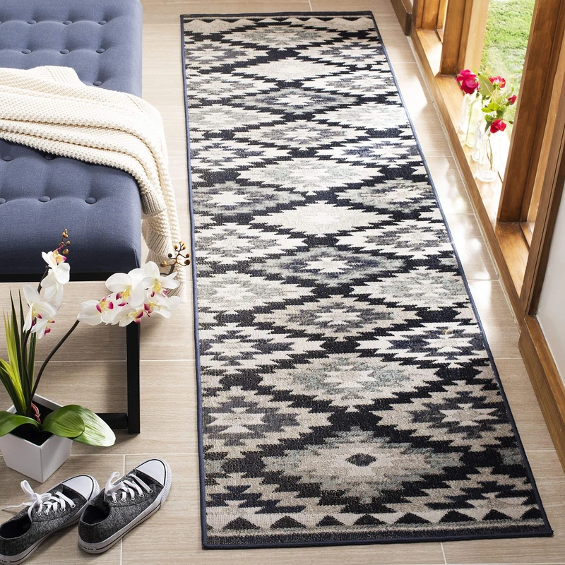 Safavieh Bright & Modern Indoor/Outdoor Woven Runner Area Rug, Montage Collection, MTG216, in Grey / Black, 69 X 244 cm for Garden, Patio or Any Outdoor Space