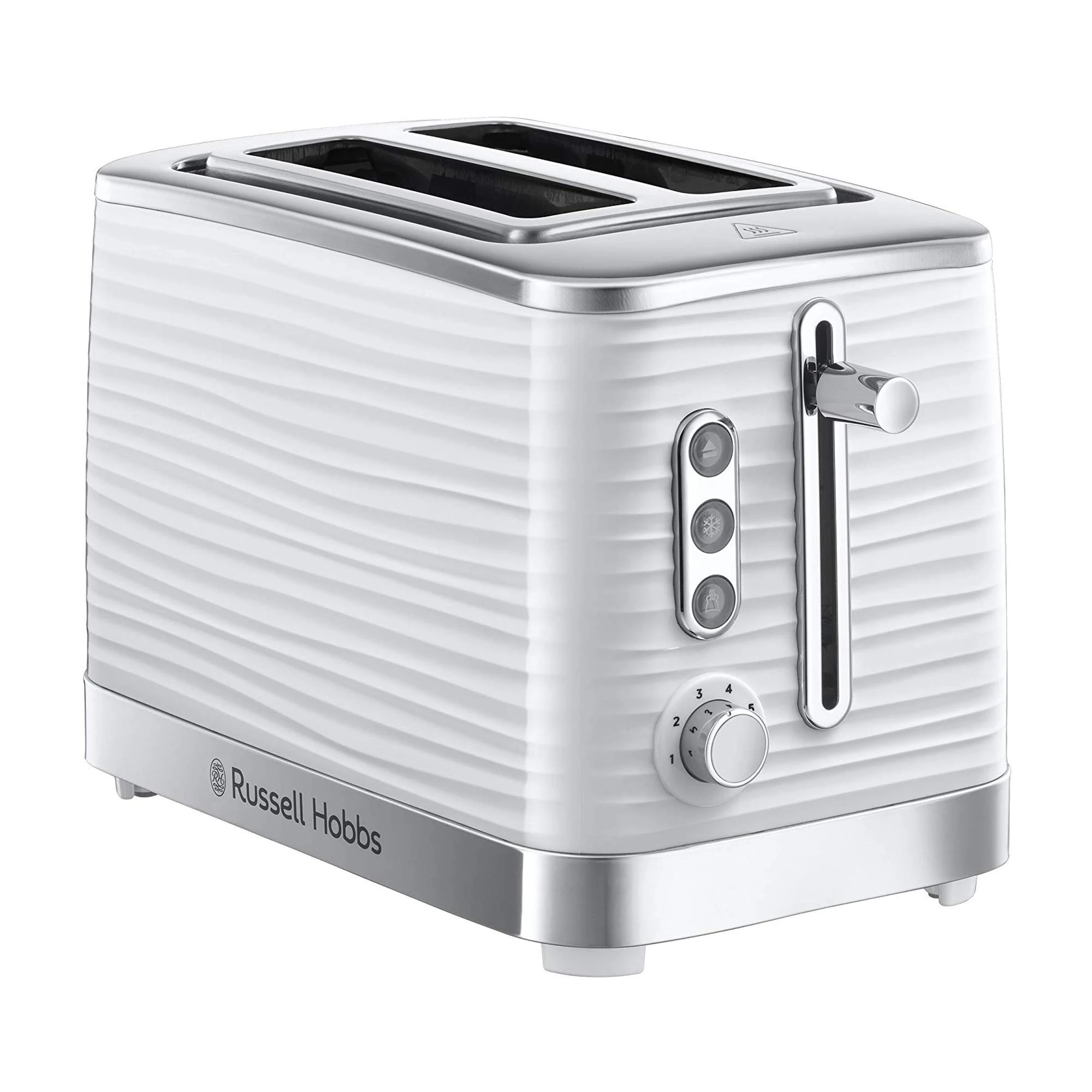 Russell Hobbs Inspire 2 Slice Toaster (Extra wide slots, High lift feature, 6 Browning levels, Frozen/Cancel/Reheat function with Blue LED illumination, 1050W, White textured high gloss) 24370