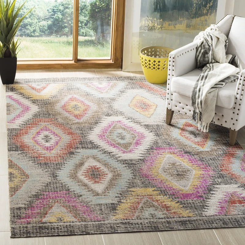 Safavieh Bright & Modern Indoor/Outdoor Woven Rectangle Area Rug, Montage Collection, MTG212, in Grey / Multi, 155 X 229 cm for Garden, Patio or Any Outdoor Space
