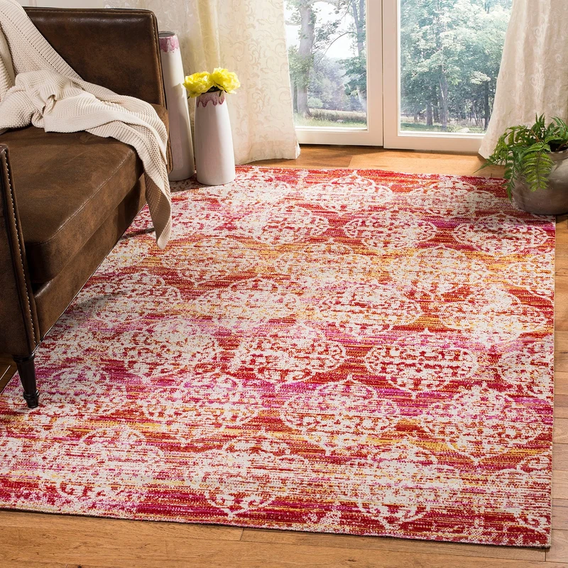 Safavieh Bright & Modern Indoor/Outdoor Woven Rectangle Area Rug, Montage Collection, MTG182, in Pink / Multi, 91 X 152 cm for Garden, Patio or Any Outdoor Space