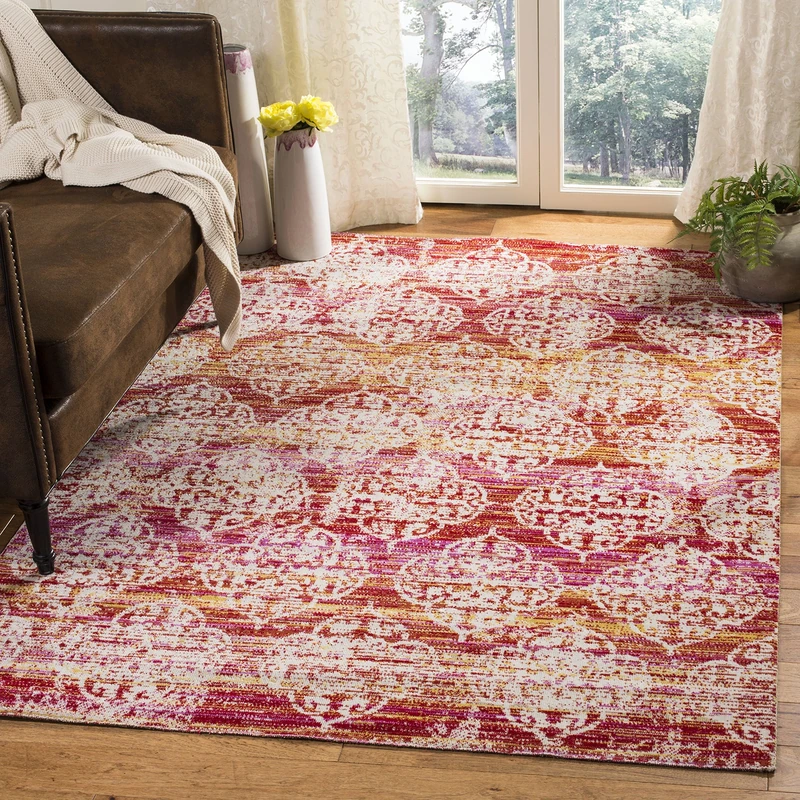 Safavieh Bright & Modern Indoor/Outdoor Woven Rectangle Area Rug, Montage Collection, MTG182, in Pink / Multi, 155 X 229 cm for Garden, Patio or Any Outdoor Space