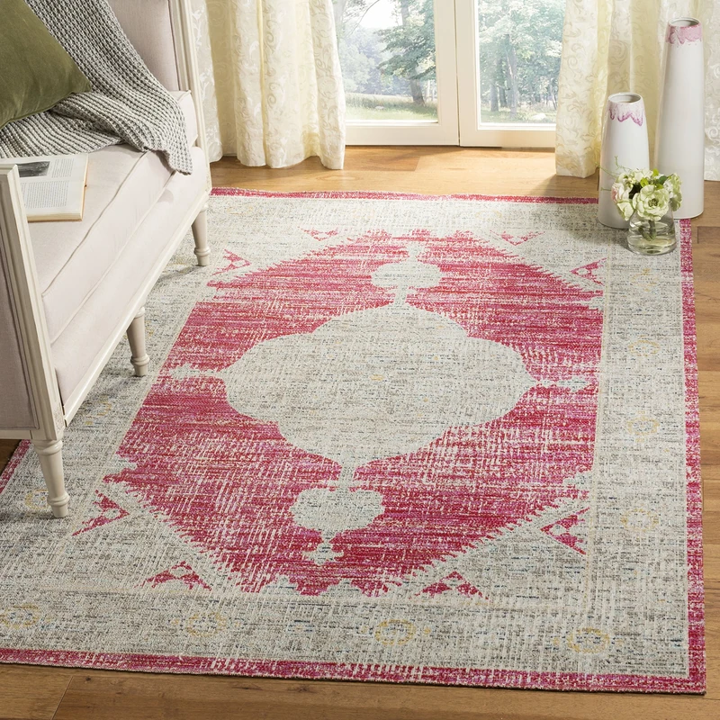 Safavieh Bright & Modern Indoor/Outdoor Woven Rectangle Area Rug, Montage Collection, MTG373, in Rose / Grey, 155 X 229 cm for Garden, Patio or Any Outdoor Space