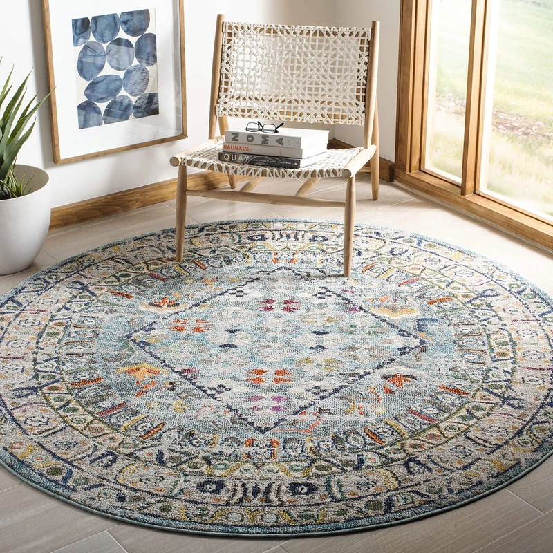 Safavieh Boho Rug for Living Room, Dining Room, Bedroom - Monaco Collection, Short Pile, in Blue and Light Grey, 200 x 200 cm