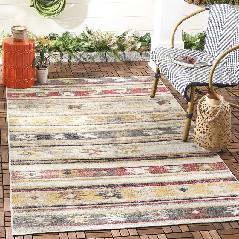 Safavieh Bright & Modern Indoor/Outdoor Woven Rectangle Area Rug, Montage Collection, MTG238, in Taupe / Multi, 91 X 152 cm for Garden, Patio or Any Outdoor Space