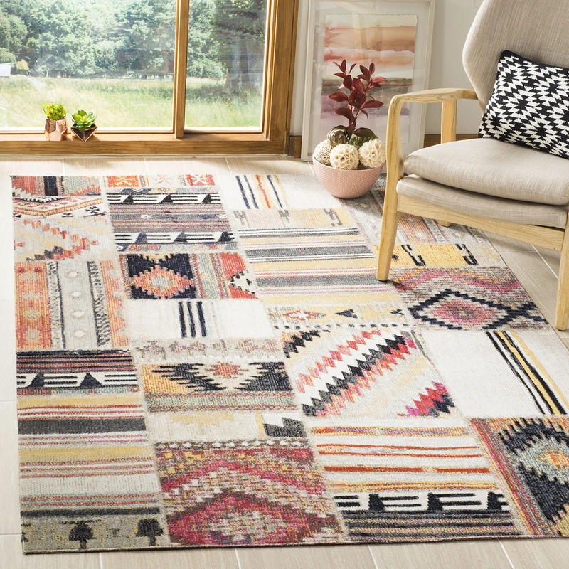 Safavieh Bright & Modern Indoor/Outdoor Woven Rectangle Area Rug, Montage Collection, MTG223, in Taupe / Multi, 91 X 152 cm for Garden, Patio or Any Outdoor Space