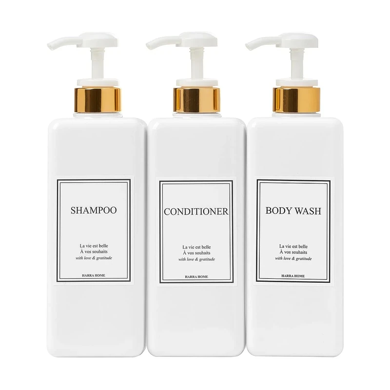 HARRA HOME Modern Gold Design Pump Bottle Set 27 oz Refillable Shampoo and Conditioner Dispenser Empty Shower Plastic Bottles with Pump for Bathroom Lotion Body wash Massage Oils, Pack of 3 (White)