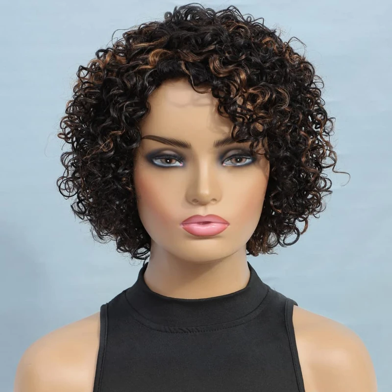 Short Curly Wigs for Black Woman Brazilian Human Hair Wig UDU Ombre Brown Hair Wig None Lace Front Wigs for Women