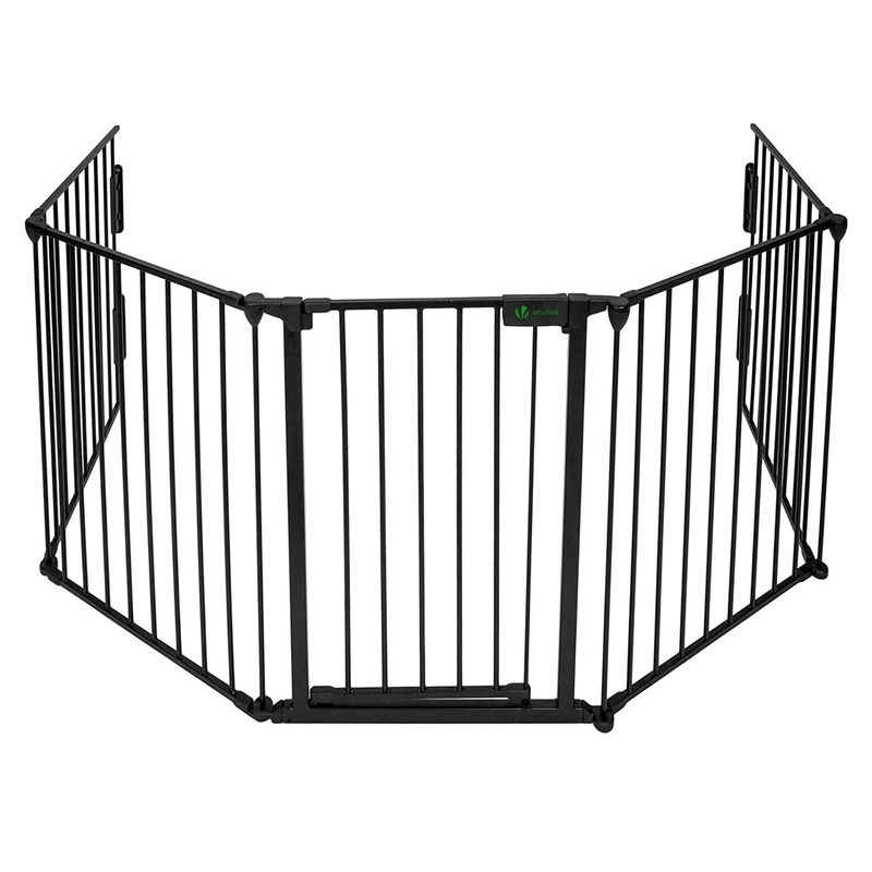 VOUNOT® 5-Panel Metal Fireguard and Pet Gate, Extra Wide Baby Safety Gate with Door, Foldable Fireplace Screen Barrier for Kids, Dogs and Cats, 300 cm, Black