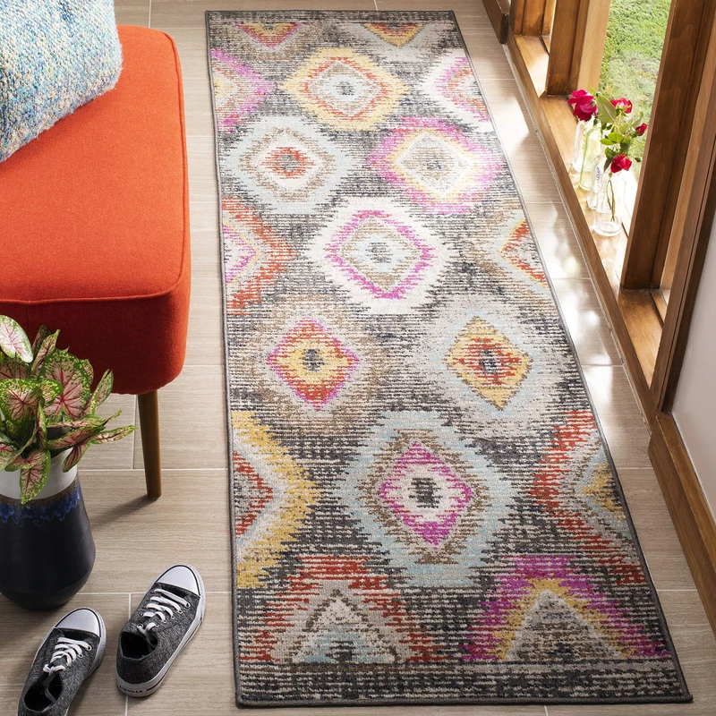 SAFAVIEH Bright & Modern Rug for Indoor & Outdoor - Montage Collection, Short Pile, in Grey and Multi color, 69 X 244 cm
