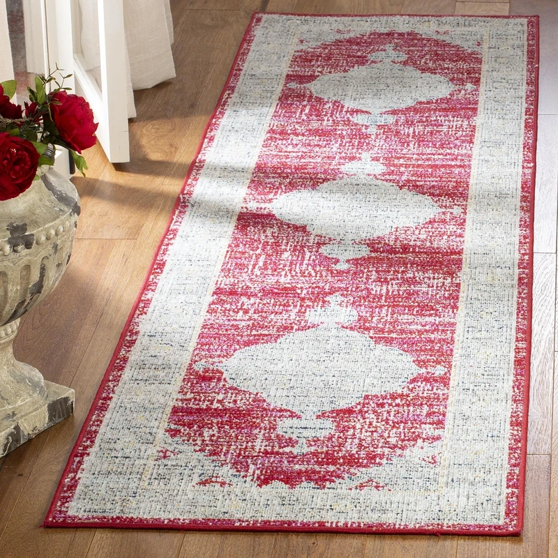 Safavieh Bright & Modern Indoor/Outdoor Woven Runner Area Rug, Montage Collection, MTG373, in Rose / Grey, 69 X 244 cm for Garden, Patio or Any Outdoor Space