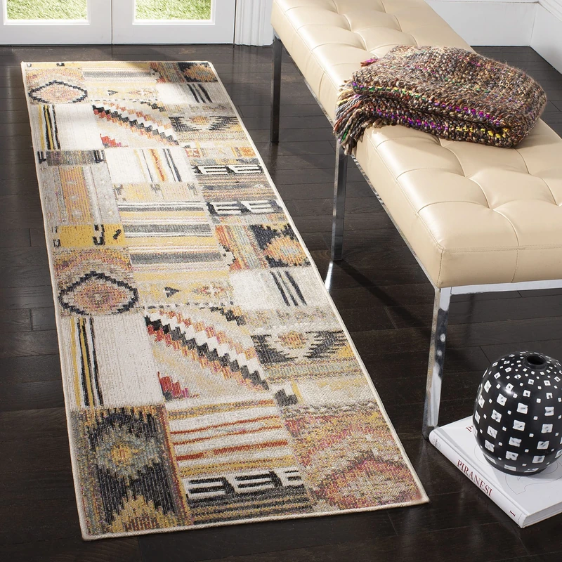 Safavieh Bright & Modern Indoor/Outdoor Woven Runner Area Rug, Montage Collection, MTG223, in Taupe / Multi, 69 X 244 cm for Garden, Patio or Any Outdoor Space