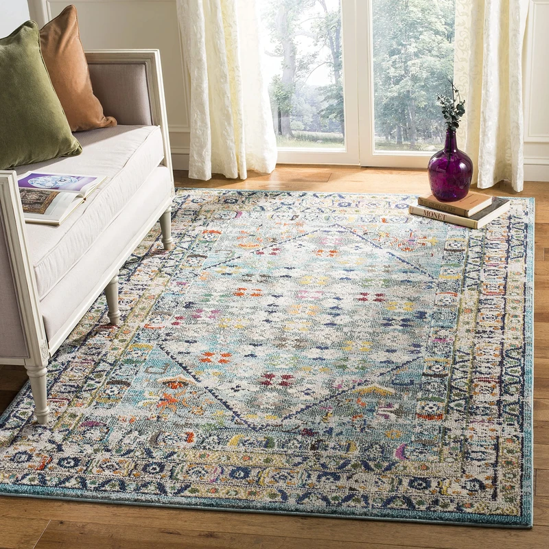 Safavieh Boho Chic Indoor Woven Rectangle Area Rug, Monaco Collection, MNC255, in Blue/Light Grey, 122 X 170 cm for Living Room, Bedroom or Any Indoor Space