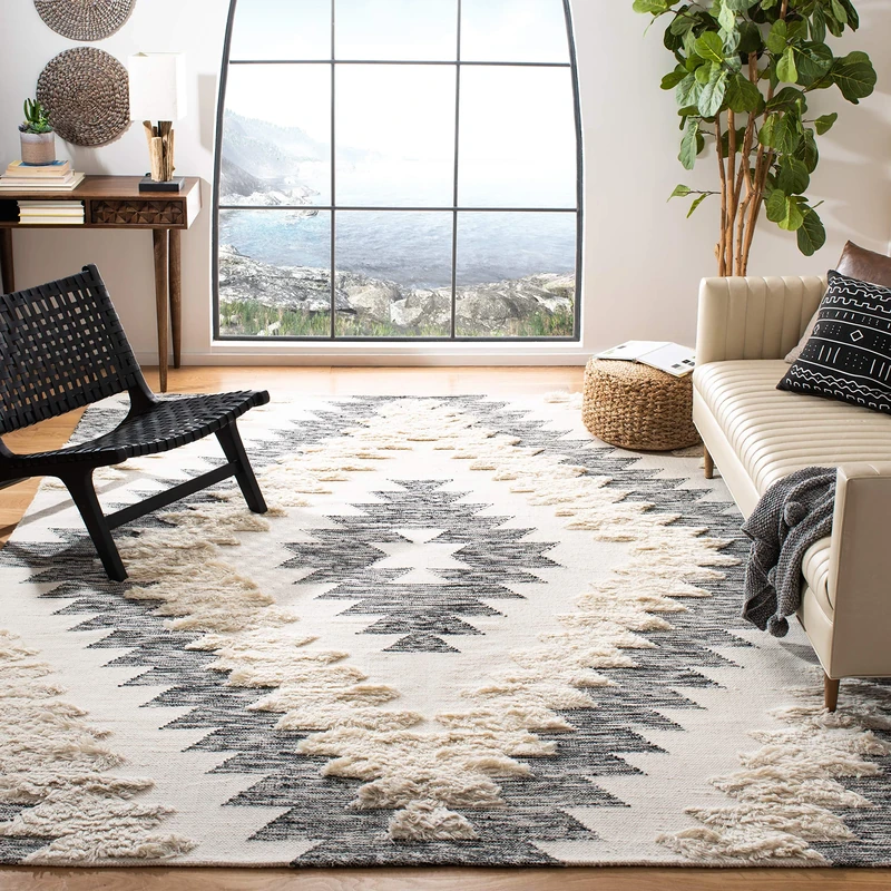 Safavieh Moroccan Inspired Indoor Hand Knotted Rectangle Area Rug, Kenya Collection, KNY451, in Black / Ivory, 183 X 274 cm for Living Room, Bedroom or Any Indoor Space
