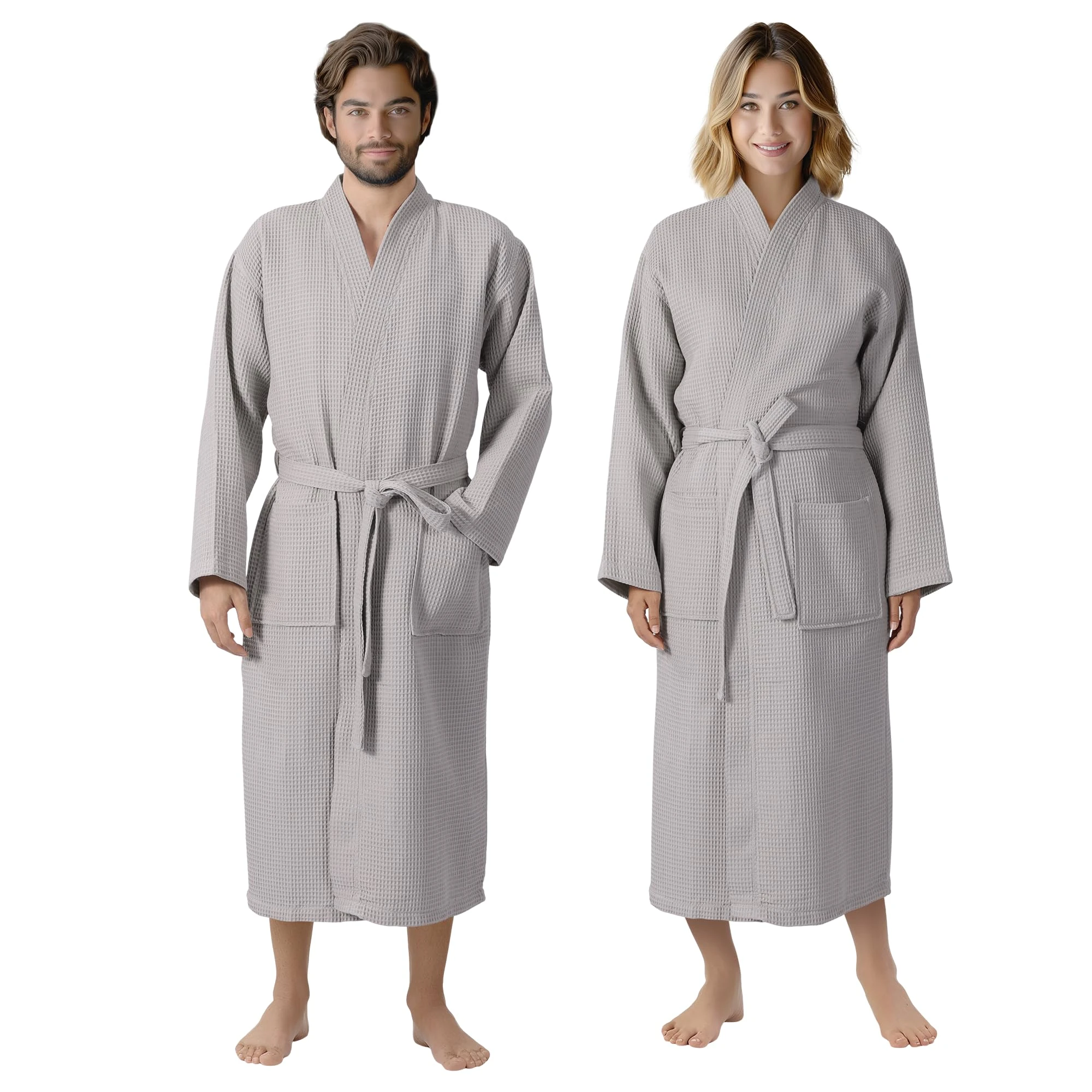 HOMELEVEL Waffle Cotton Dressing Gown Men and Women - Womens Mens Dressing Gowns Lightweight Bathrobe - Towelling Spa Robe Bathrobes - Towel Bath Robes for Ladies - Grey - Small
