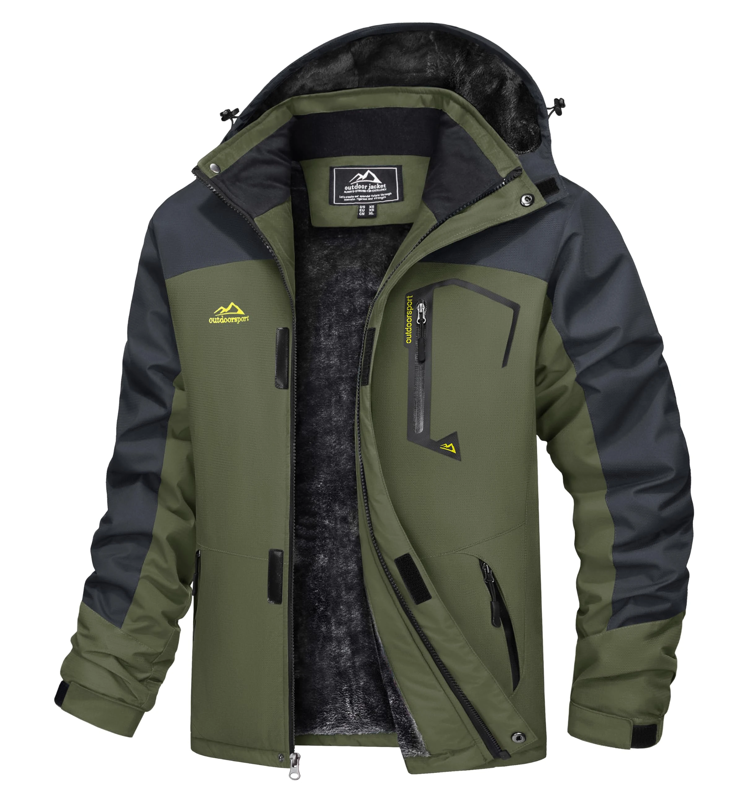 TACVASEN Winter Jacket Men Waterproof Skiing Jacket Fleece Snowboarding Warm Outdoor Jacket Mens Ski Jacket with Hood Parka Army Green