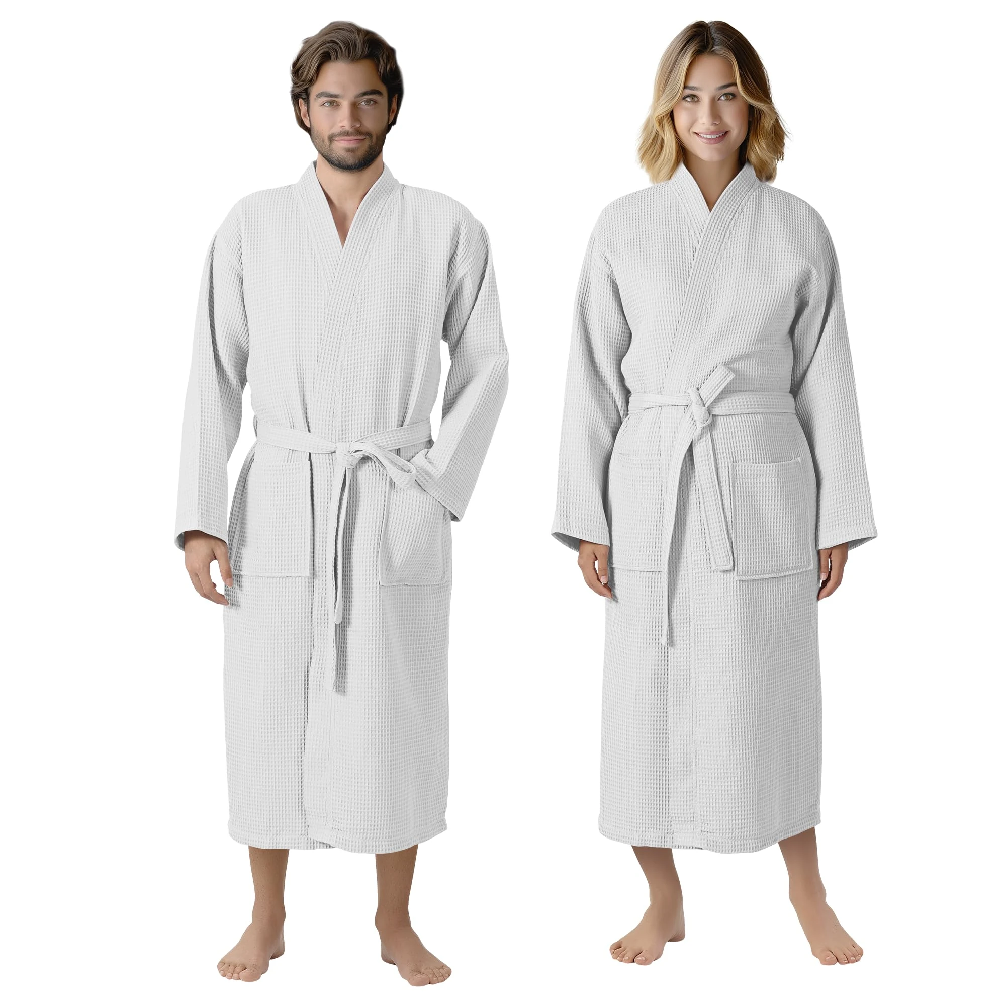 HOMELEVEL Waffle Cotton Dressing Gown Men and Women - Womens Mens Dressing Gowns Lightweight Bathrobe - Towelling Spa Robe Bathrobes - Towel Bath Robes for Ladies - White - 5XL