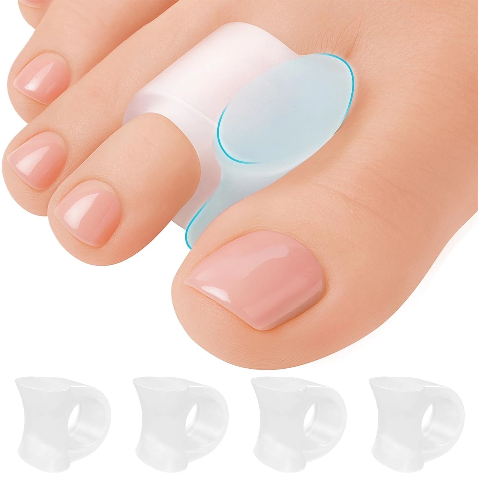 5 STARS UNITED Big Toe Spacers for Men & Women – 4 Gel Separators for Overlapping & Curled Toes, Bunions, Alignment - Diabetic Foot Care, Silicone Spreader, Corrector & Straightener, Clear