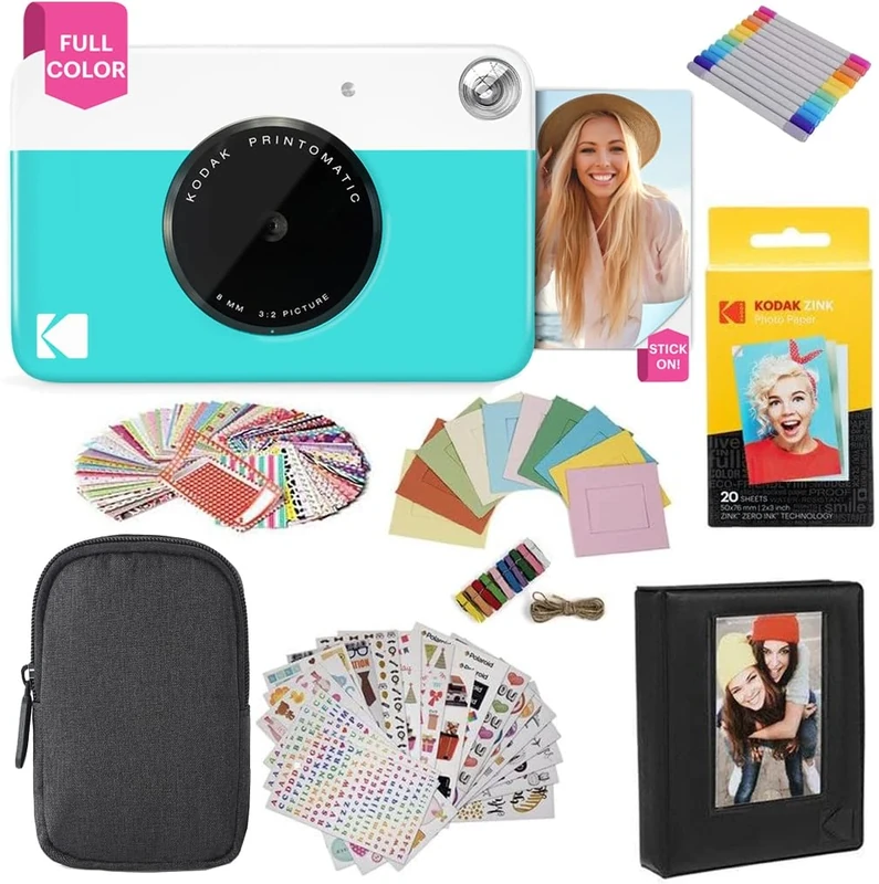 KODAK Printomatic Instant Camera (Blue) Gift Bundle + Zink Paper (20 Sheets) + Case + 7 Sticker Sets + Markers + Photo Album