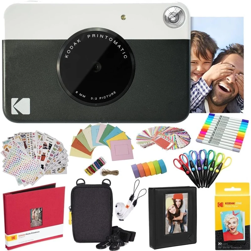 KODAK Printomatic Instant Camera (Black) All-In-Bundle + Zink Paper (20 Sheets) + Case + Photo Album + 7 Sticker Sets + Markers + Scissors