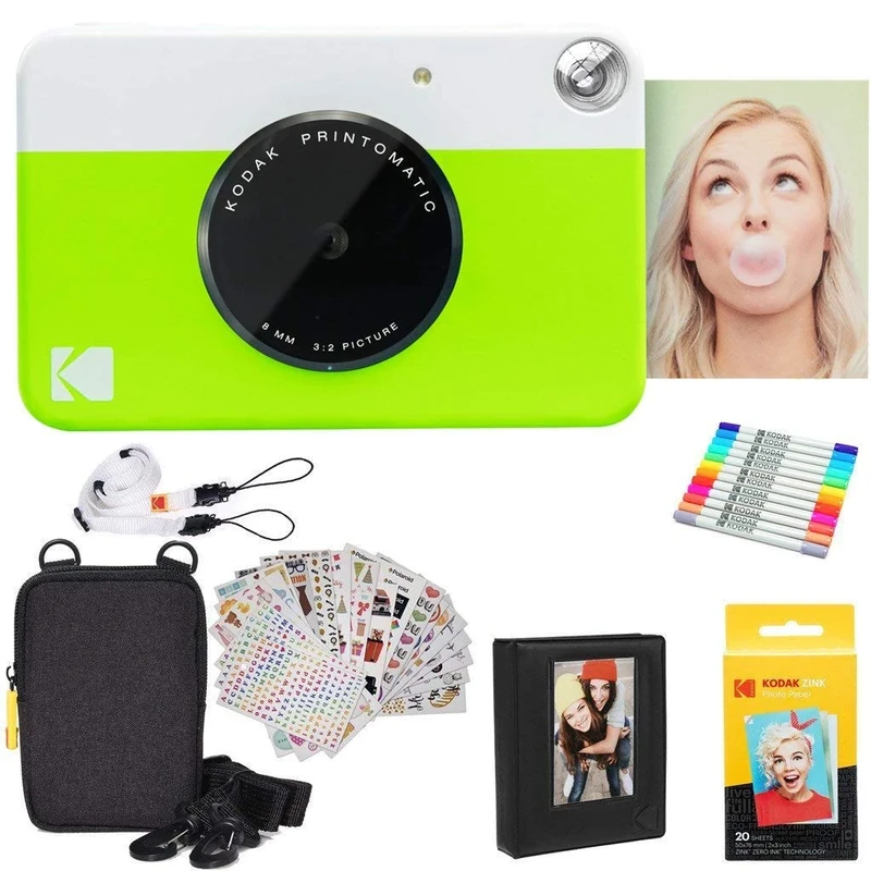 KODAK Printomatic Instant Camera (Green) Gift Bundle + Zink Paper (20 Sheets) + Case + 7 Sticker Sets + Markers + Photo Album