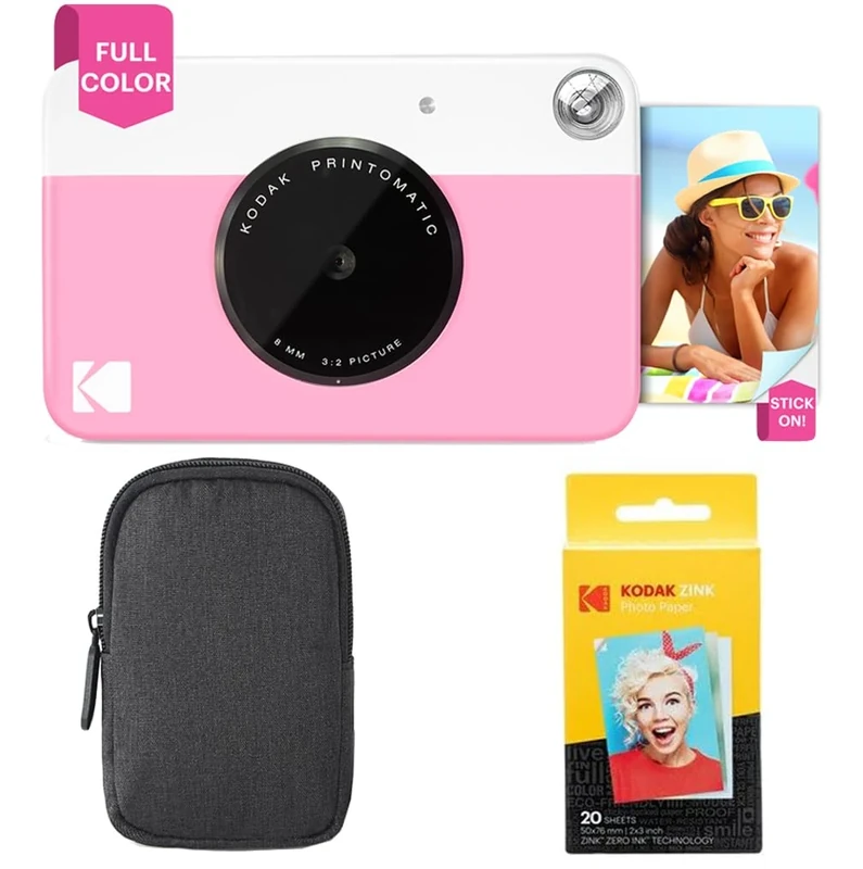 KODAK Printomatic Instant Camera (Pink) Basic Bundle + Zink Paper (20 Sheets) + Deluxe Case