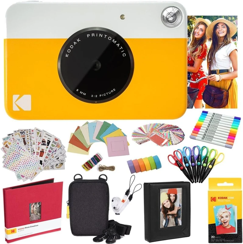 KODAK Printomatic Instant Camera (Yellow) All-In-Bundle + Zink Paper (20 Sheets) + Case + Photo Album + 7 Sticker Sets + Markers + Scissors - Image 1