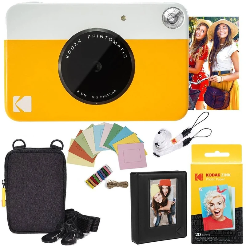 KODAK Printomatic Instant Camera (Yellow) Deluxe Bundle + Zink Paper (20 Sheets) Case - Photo Album