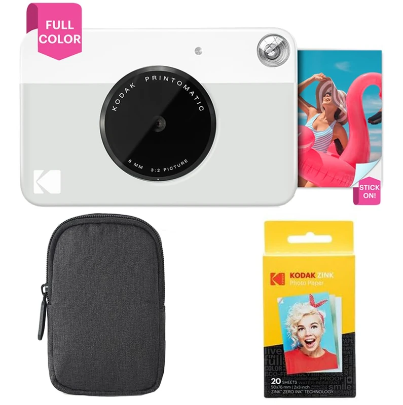 KODAK Printomatic Instant Camera (Grey) Basic Bundle + Zink Paper (20 Sheets) + Deluxe Case