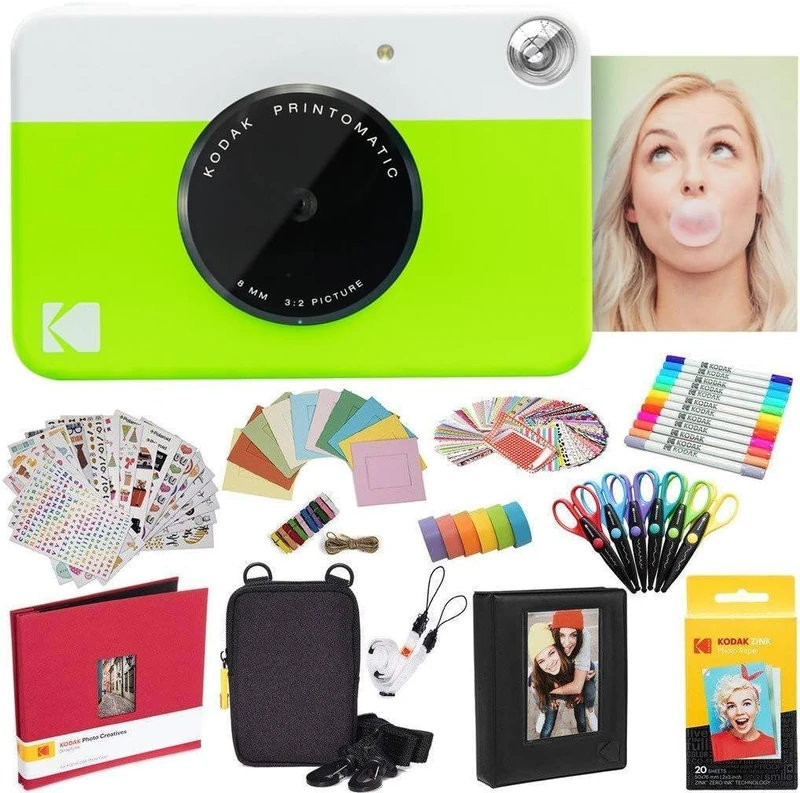 KODAK Printomatic Instant Camera (Green) All-In-Bundle + Zink Paper (20 Sheets) + Case + Photo Album + 7 Sticker Sets + Markers + Scissors